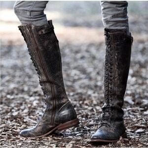 BED STU Della Tall Lace Up Zip Knee High Boots Black Leather Distressed Size 6